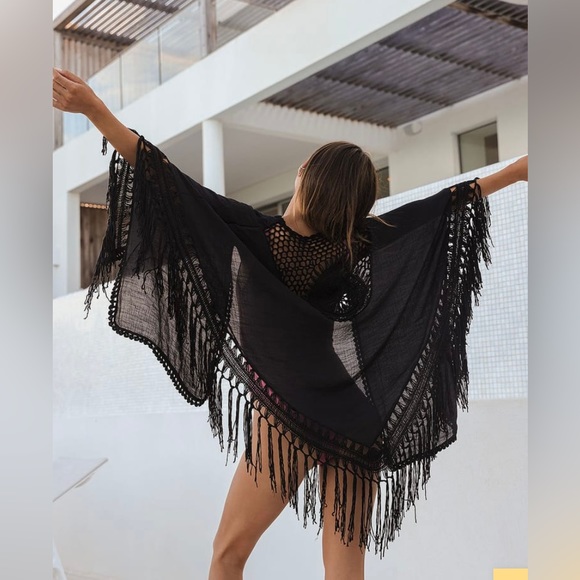 Miracle Other - Free Spirited Black Crochet Fringe Shawl/Cover-up